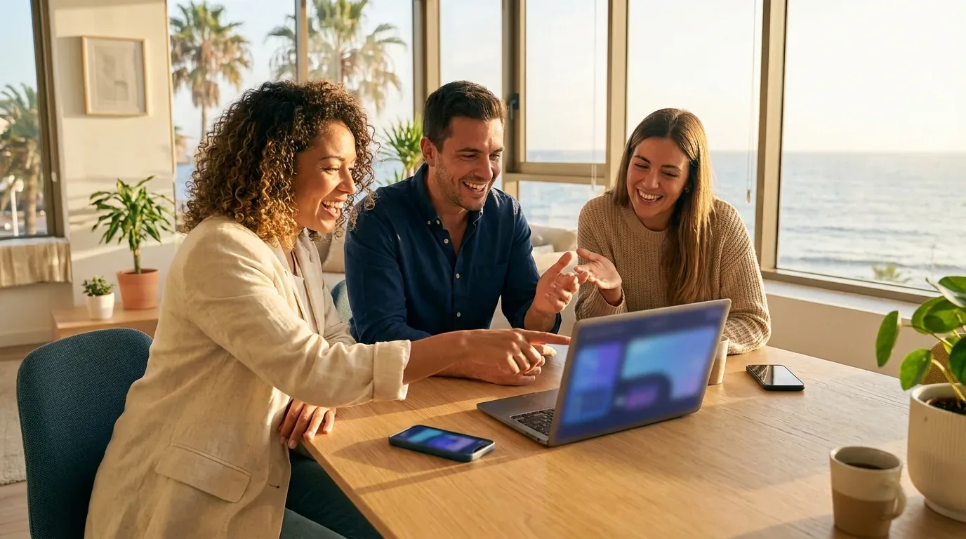 Un equipo de trabajo sonríe mientras aprende a usar un asistente de IA en un portátil, en una oficina frente al mar