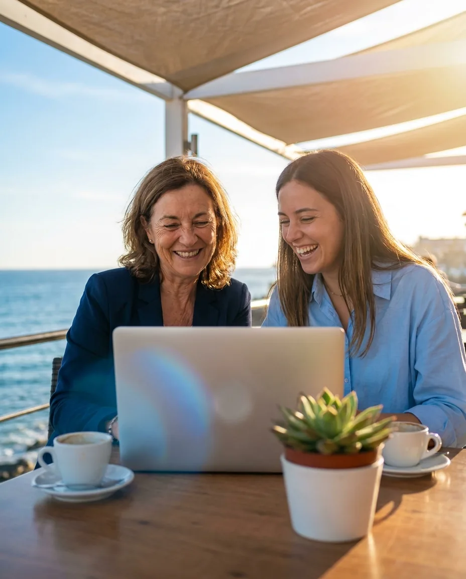 Una directora de recursos humanos y una compañera planifican la formación en IA del equipo en una terraza frente al mar