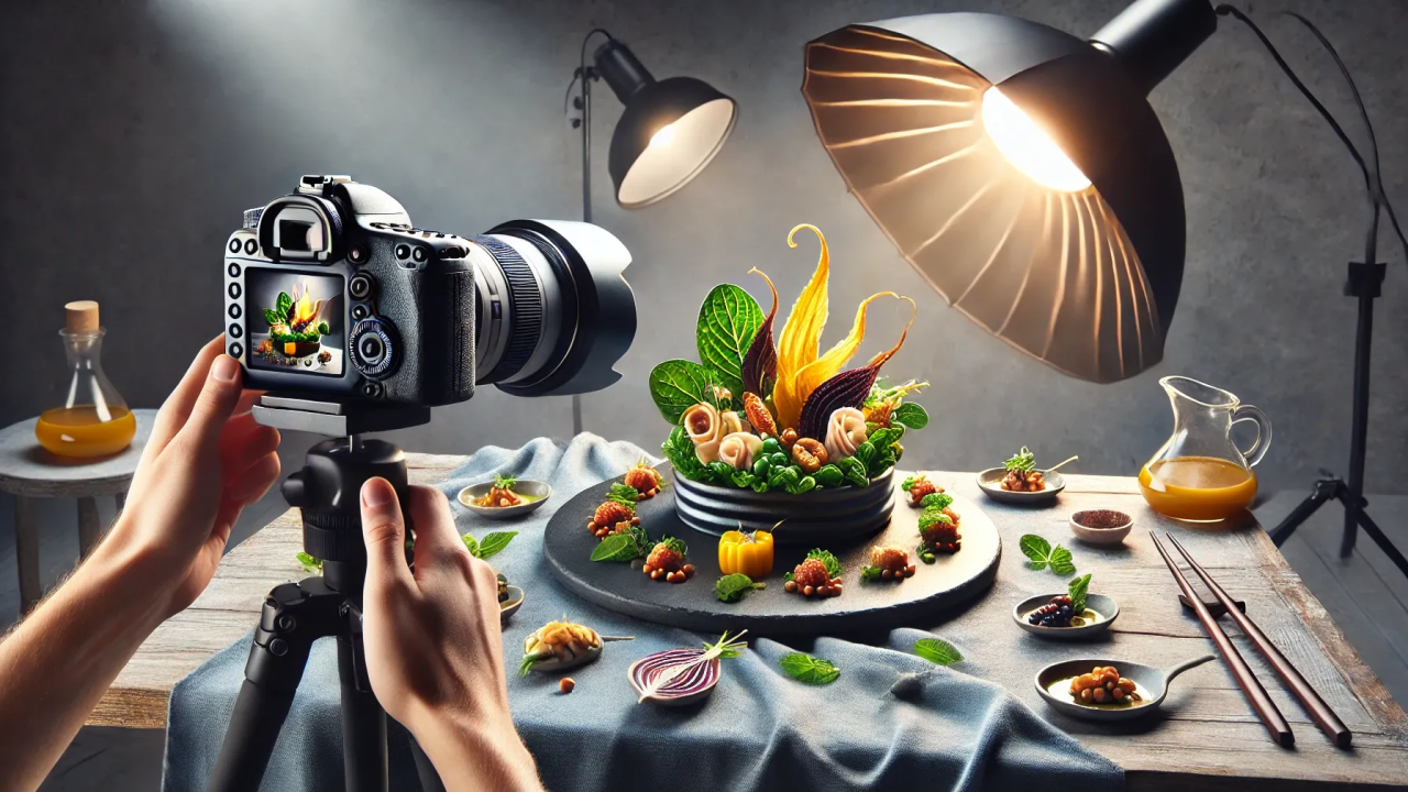 Fotografía Gastronómica: Capturando la Esencia y Belleza de los AlimentosUna persona preparando una imagen a un plato de comida