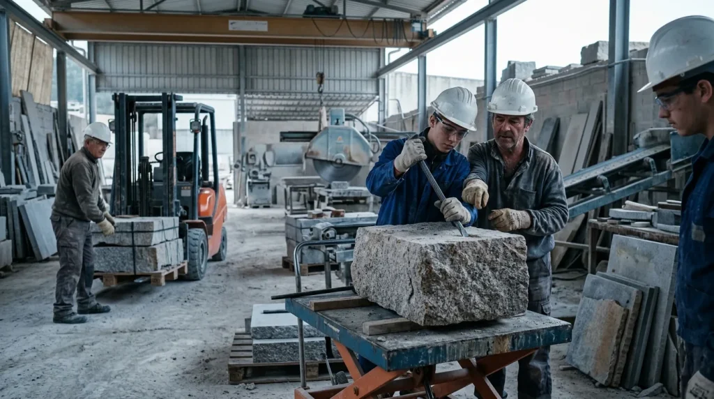 Operaciones auxiliares en plantas de elaboración de piedra natural y de tratamiento y beneficio de minerales y rocas