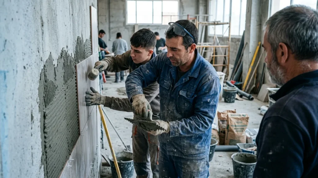 Revestimientos con piezas rígidas por adherencia a en construcción